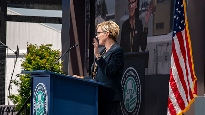Energy Secretary Jennifer Granholm speaking at Vogtle Nuclear Plant